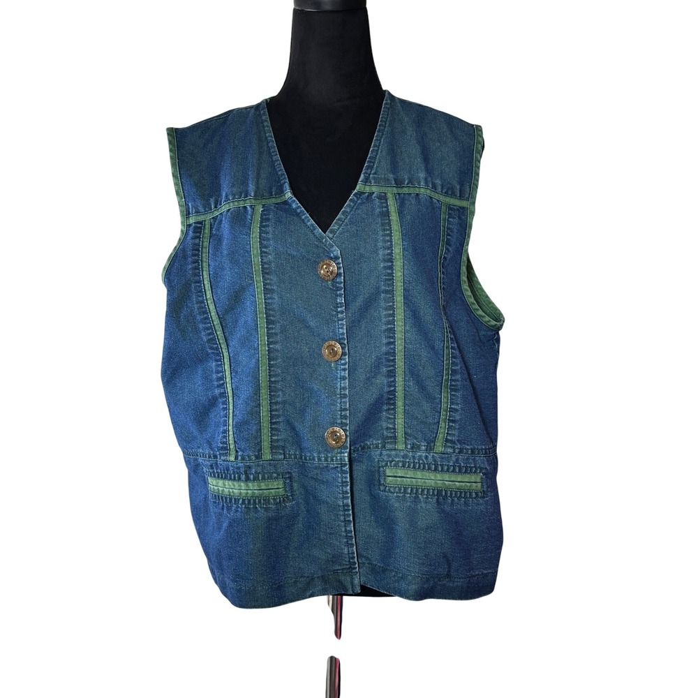 Saint Germain Paris Vintage‎ Denim Vest XL Womens Blue Green Trim USA Made